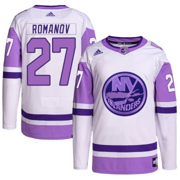 Authentic Adidas Men's Alexander Romanov New York Islanders Hockey Fights Cancer Primegreen Jersey - White/Purple