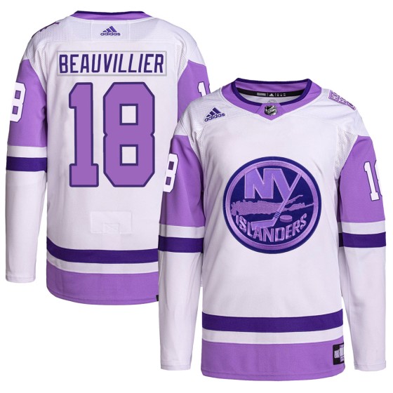 Authentic Adidas Men's Anthony Beauvillier New York Islanders Hockey Fights Cancer Primegreen Jersey - White/Purple