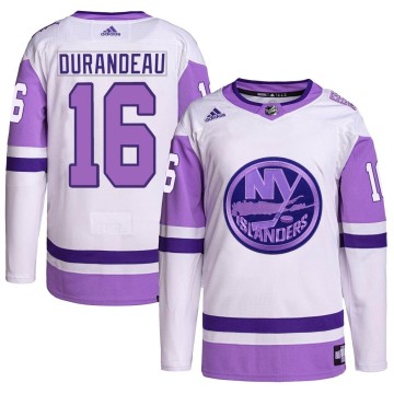 Authentic Adidas Men's Arnaud Durandeau New York Islanders Hockey Fights Cancer Primegreen Jersey - White/Purple