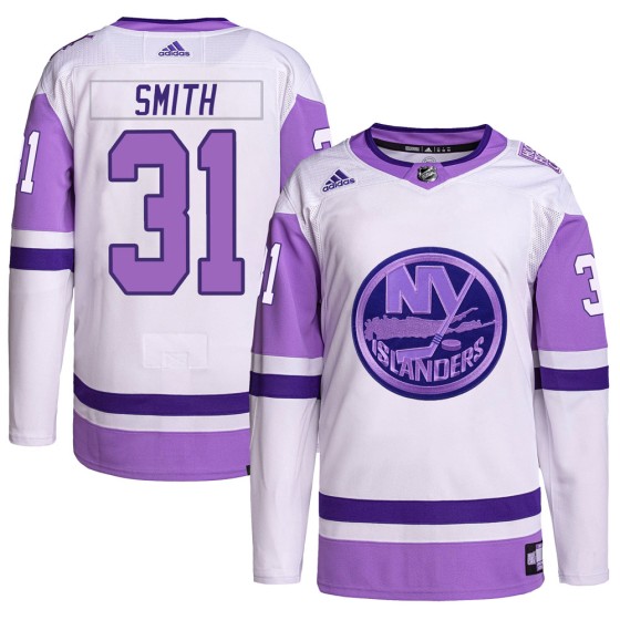 Authentic Adidas Men's Billy Smith New York Islanders Hockey Fights Cancer Primegreen Jersey - White/Purple