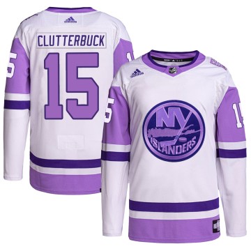 Authentic Adidas Men's Cal Clutterbuck New York Islanders Hockey Fights Cancer Primegreen Jersey - White/Purple