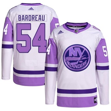 Authentic Adidas Men's Cole Bardreau New York Islanders Hockey Fights Cancer Primegreen Jersey - White/Purple