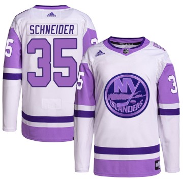 Authentic Adidas Men's Cory Schneider New York Islanders Hockey Fights Cancer Primegreen Jersey - White/Purple