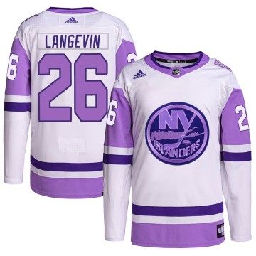 Authentic Adidas Men's Dave Langevin New York Islanders Hockey Fights Cancer Primegreen Jersey - White/Purple