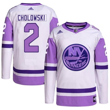 Authentic Adidas Men's Dennis Cholowski New York Islanders Hockey Fights Cancer Primegreen Jersey - White/Purple