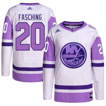 Authentic Adidas Men's Hudson Fasching New York Islanders Hockey Fights Cancer Primegreen Jersey - White/Purple