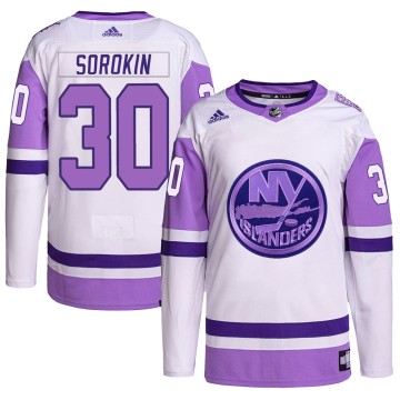 Authentic Adidas Men's Ilya Sorokin New York Islanders Hockey Fights Cancer Primegreen Jersey - White/Purple