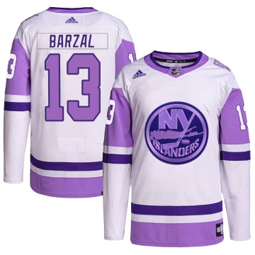 Authentic Adidas Men's Mathew Barzal New York Islanders Hockey Fights Cancer Primegreen Jersey - White/Purple