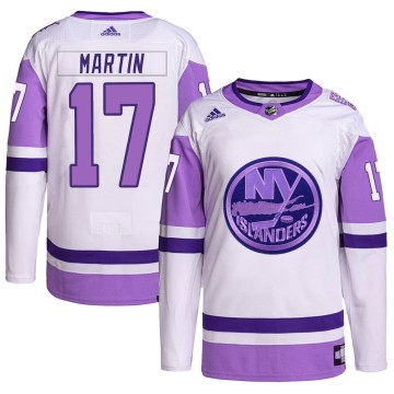 Authentic Adidas Men's Matt Martin New York Islanders Hockey Fights Cancer Primegreen Jersey - White/Purple