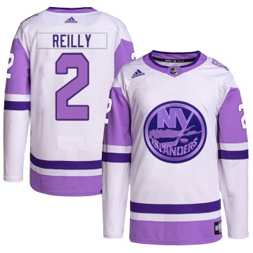 Authentic Adidas Men's Mike Reilly New York Islanders Hockey Fights Cancer Primegreen Jersey - White/Purple