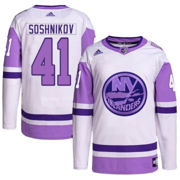 Authentic Adidas Men's Nikita Soshnikov New York Islanders Hockey Fights Cancer Primegreen Jersey - White/Purple