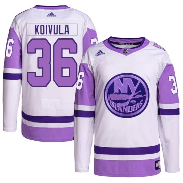 Authentic Adidas Men's Otto Koivula New York Islanders Hockey Fights Cancer Primegreen Jersey - White/Purple