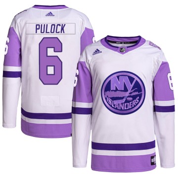 Authentic Adidas Men's Ryan Pulock New York Islanders Hockey Fights Cancer Primegreen Jersey - White/Purple