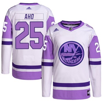 Authentic Adidas Men's Sebastian Aho New York Islanders Hockey Fights Cancer Primegreen Jersey - White/Purple