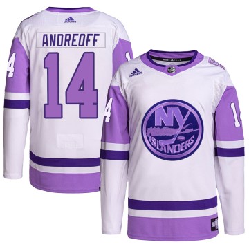 Authentic Adidas Youth Andy Andreoff New York Islanders Hockey Fights Cancer Primegreen Jersey - White/Purple