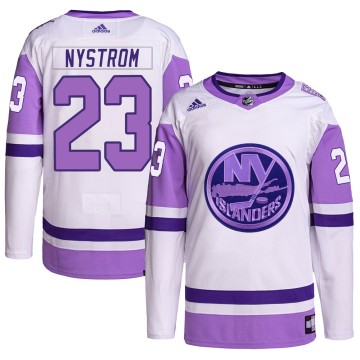 Authentic Adidas Youth Bob Nystrom New York Islanders Hockey Fights Cancer Primegreen Jersey - White/Purple