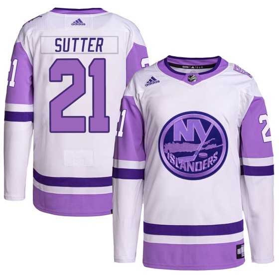 Authentic Adidas Youth Brent Sutter New York Islanders Hockey Fights Cancer Primegreen Jersey - White/Purple