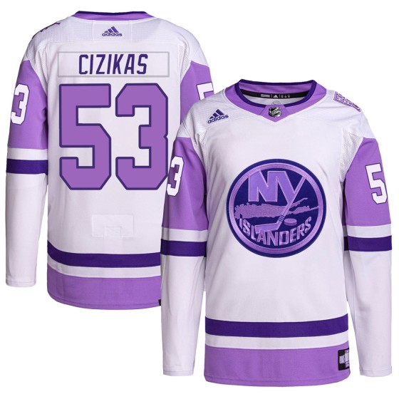 Authentic Adidas Youth Casey Cizikas New York Islanders Hockey Fights Cancer Primegreen Jersey - White/Purple