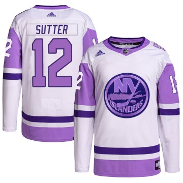 Authentic Adidas Youth Duane Sutter New York Islanders Hockey Fights Cancer Primegreen Jersey - White/Purple