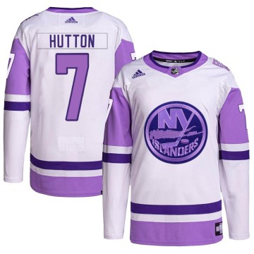 Authentic Adidas Youth Grant Hutton New York Islanders Hockey Fights Cancer Primegreen Jersey - White/Purple