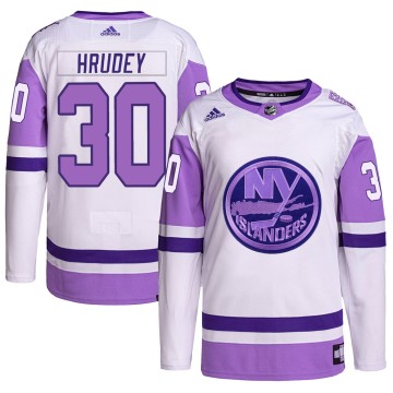 Authentic Adidas Youth Kelly Hrudey New York Islanders Hockey Fights Cancer Primegreen Jersey - White/Purple