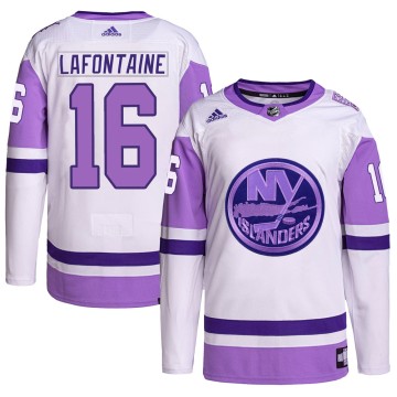 Authentic Adidas Youth Pat LaFontaine New York Islanders Hockey Fights Cancer Primegreen Jersey - White/Purple