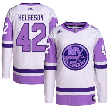 Authentic Adidas Youth Seth Helgeson New York Islanders Hockey Fights Cancer Primegreen Jersey - White/Purple